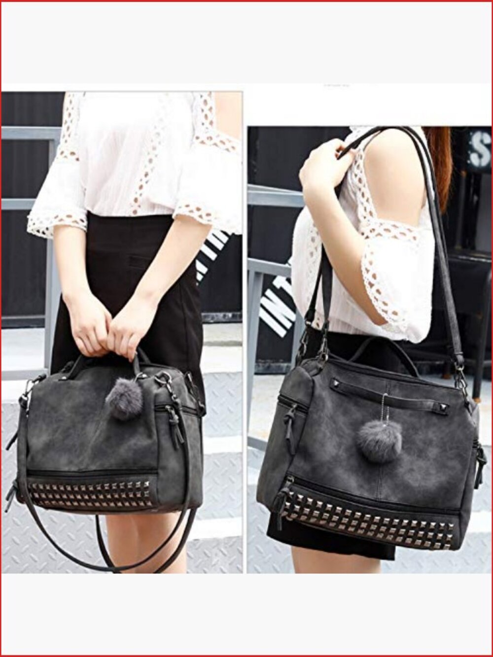 Studded Tote Bag with Removable Strap PU Leather Hobo Satchel - Picture 2 of 7